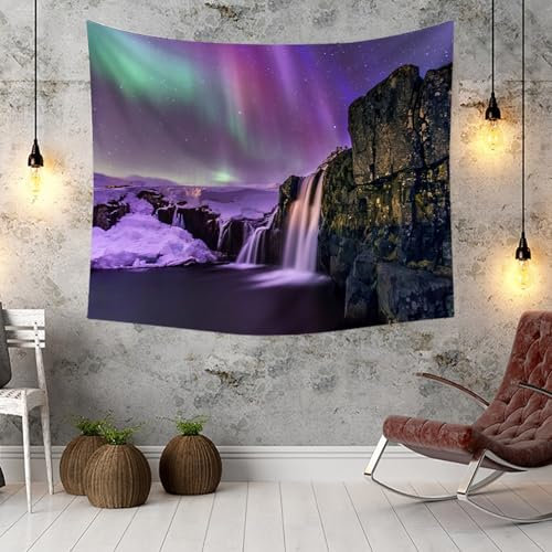 KnSam Wandtuch Bunt, Landschaft Natur Wandteppich Schnee Wasserfall Aurora Landschaft Tapisserie Polyester Tapestry für Schlafzimmer, 260x240cm