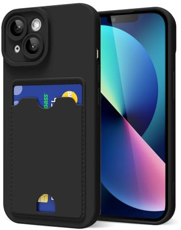 oakxco for iPhone 13 Case with Card Holder, Cute Silicone Wallet Phone Case with Credit Card Slot, Soft Rubber Thin Slim Purse for Women Men with Shockproof Camera Cover Protection, Black