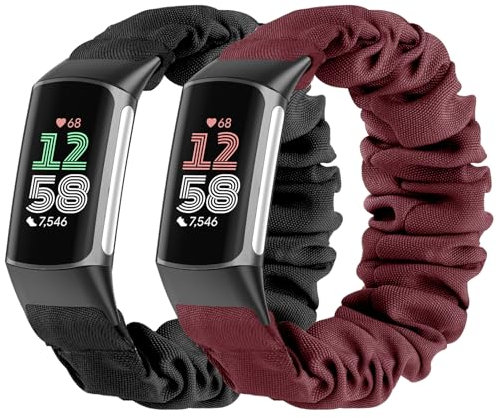 Wizvv 2 Stück Scrunchie Armband kompatibel mit Fitbit Charge 5/Fitbit Charge 6, atmungsaktives Nylon Ersatzarmband für Damen Herren, Größe S (119mm-160mm), Schwarz/Magenta