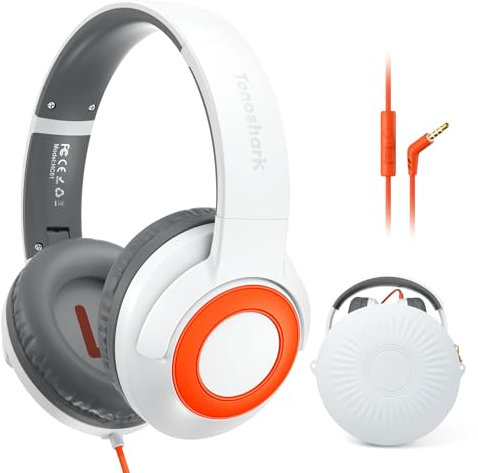 TONOSHARK Casque Audio Enfant Filaire avec Microphone, Volume Limité à 85/94 DB, Casque Prise Jack Enfant, Ecouteurs Filaire, Pliable, pour Ecole/Maison/Voyage – étui Inclus (Blanc)