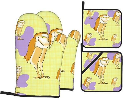 Ofenhandschuhe und Topflappen mit Eulen-Motiv, hitzebeständige Küchenhandschuhe zum Kochen, Backen, Grillen