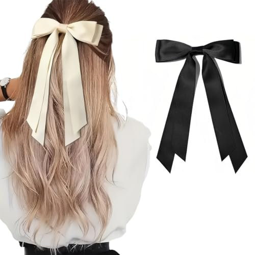 Paquete de 2 Lazo Pelo Mujer,Lazos para Pelo para Mujeres, Pinzas para Pelo con Cola Larga, Accesorios Cabello Uso Diario,Pasadores de Lazo, para Mujeres, Niñas, Adolescentes, Niños (Negro + Beige)