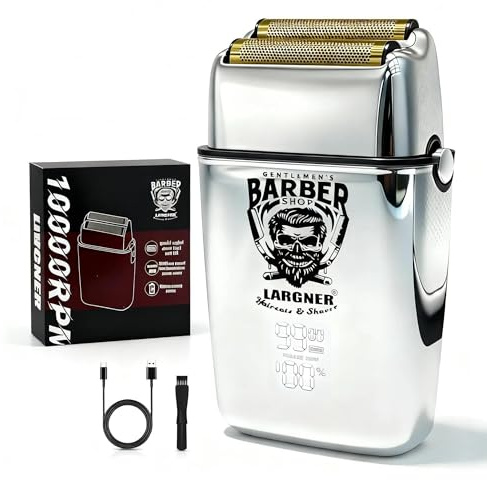 LARGNER Rasoirs électriques rétro pour hommes avec tondeuse à barbe, rasoirs masculins rechargeables à grille dorée, puissance élevée (Argent) (Argent)