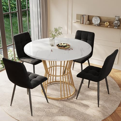 Merax Esstisch Rund, Marmormuster Esstisch, für 2-4 Personen, Metallrahmen, verstellbareTischbeine, Industrie-Design, geeignet für Restaurant,Wohnzimmer,Küche,Esszimmer, Weiß/Gold, 100x100x75 cm