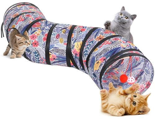 Pawaboo Katzentunnel, S-förmiger Katzentunnel 25 * 97cm(9,8*38,2) mit Bällen und Glocken, Zusammenklappbares Kätzchen Spielzelt Spielzeug Interaktives Katzenhaus mit Gucklöchern, Blau Blume