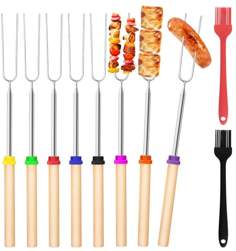 8 Stück Teleskop Grillspieße Edelstahl, Marshmallow Spieße, 31-81cm Lagerfeuer Grillgabel, Grillstab mit Zwei Ölpinseln, Edelstahl Ausziehbar, für Camping Grill BBQ den Außenbereich