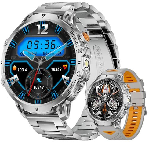 LIGE Militär Smartwatch Herren - 1000 mAh/1,85 HD Großes Touchscreen/LED-Licht, Fitnessuhr mit 110+ Sportmodi, Herz-/Schlaftracking,2 Armbändern,IP68 wasserdicht, Sportuhr für iOS/Android, Silbernes