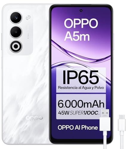 OPPO A5m Smartphone Libero con IA, 8GB RAM + 256GB, Schermo 6.67 90Hz, Fotocamera 32MP, Batteria 6000, Ricarica Rapida 45W, Versione Spagnola - Bianco