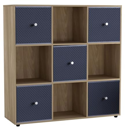 URBNLIVING 9 Cube Storage Unit with 5 Foldable Fabric Drawers, Wooden Freestanding Bookcase Shelf Organiser, Modern Cube Shelving for Bedroom, Office, Living Room, Toys, Clothes & Books