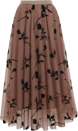 comefohome Skirts for Women UK Elasticated Waist Midi Length Pleated Tulle Skirt A Line Floral Long Summer Skirts