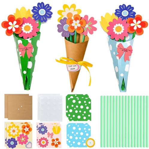 Card Making Kit, Mothers Day Card,12 Set Flower Card Making Kit with 12 Stickers and 50 Straws, Creative Mothers Day Gift From Kids for Classroom and Home Crafting, for Mother's Day (Blue Green Brown)