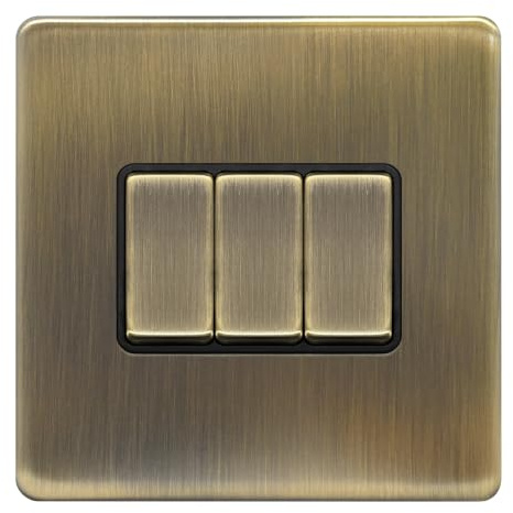Evoges Terra 2 Way Light Switch, 10AX, Antique Brushed Brass – Decorative Metal Plate (3 Gang)