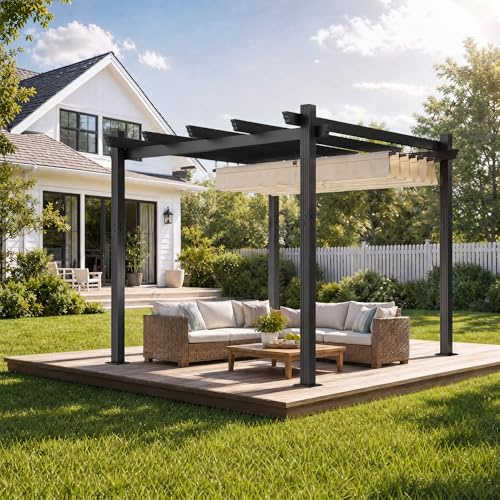 JUMMICO Aluminium Pergola 3x3 m mit Schiebedach, Gartenpavillon Pavillon wasserdicht stabil Winterfest, Sonnenschutz für Garten Terrasse & Balkon, schützt vor Sonne, Regen, langlebig, Beige