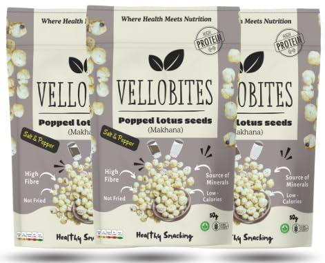 Vellobites Multi Pack Salt & Pepper (3X50g) –Healthy snack-Popped Lotus Seeds,Fox nuts, Makhana | guilt-free crunch|High Protein| Low calories|No Trans-fat