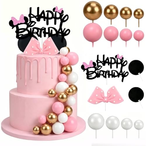 Cartoon Mouse Cake Topper - Pink Bow Ears Birthday Decorations for Girls, Mouse Theme Cake Decor Kit for Baby Shower