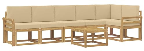 vidaXL Outdoor-Sofagarnitur mit Kissen 7 pcs Weiß und Beige Polyester, Modernes Garten-Sofa Set, wetterfestes Möbel, Sektional für die Terrasse, Akazienholz, Entspannung im Freien