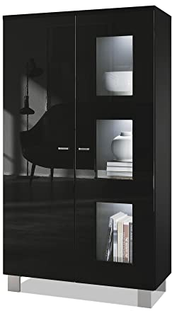 Vladon Vitrine Denjo, Made in Germany, Standvitrine mit 2 Türen und 3 Glaseinsätzen, Schwarz matt/Schwarz Hochglanz, inkl. LED-Beleuchtung (71 x 129 x 35 cm)