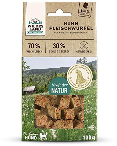 Wildes Land - Fleischwürfel Huhn - 100 g - Kausnack für Hunde - 70% Frischfleisch - 30% Gemüse & Beeren - Natürlich belohnen - getreidefrei - Hohe Akzeptanz - Frisches, schonend getrocknetes Fleisch