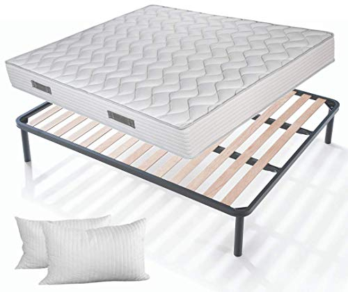 EVERGREENWEB Set mit Lattenrost und Matratze 180x200 cm, Höhe 20 cm + 2 Kissen aus Memory Foam Flocken KOSTENLOS, Orthopädische Matratze mit Massage-Effekt und Lattenrost aus Naturholz