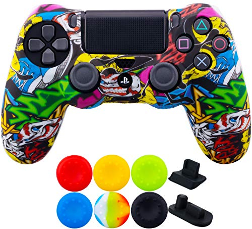 9CDeer 1 x Silicona Transferir Impresión Protector Cubrir Piel + 6 Apretones de Pulgar y Tapones a Prueba de Polvo para PS4/Slim/Pro Calaveras de Dibujos Animados