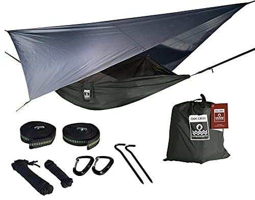 Oak Creek Camping-Hängematte und Zubehör Komplettpaket mit Moskitonetz, Regenfliege, Baumgurten Ideal zum Wandern, Rucksackreisen und Reisen Wiegt nur 1,8 kg, Carbongrau