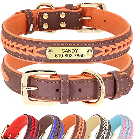 Didog Hundehalsband, Leder, mit Gravur des Namensschildes aus Messing, geflochtenes Leder, weich gepolstert, verstellbar, für kleine, mittelgroße und große Hunde,Orange, M(Halsumfang 30–39 cm)