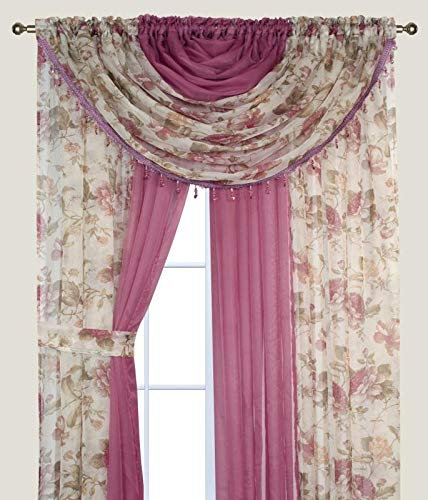 YHSF Sheer Curtains Laura Collection – 4-teiliges Set, 213,4 cm lang – elegante Vorhänge für Schlafzimmer und mehr – Volants mit Perlen und 2 Raffhaltern – 139,7 x 213,4 cm – mehrfarbig, Blumen-Rose,
