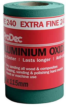 ProDec Rollo de 5m Papel de lija verde de óxido de aluminio de grano extrafino de 240 G para lijar madera, pintura, yeso, masilla, metal y más, 115mm de ancho Compatible con lijadoras de máquina