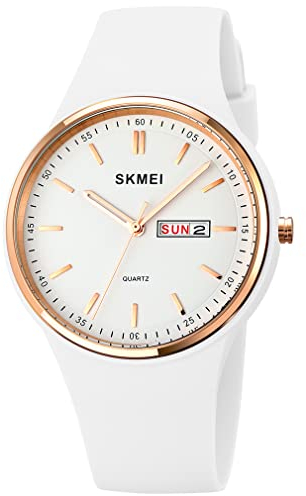 SKMEI Montre de sport pour jeune femme avec bracelet en silicone - Grand cadran - Étanche - Style décontracté - Simple - Quartz analogique - Jour - Date - Cadeau pour filles - Blanc, L1747 Blanc,