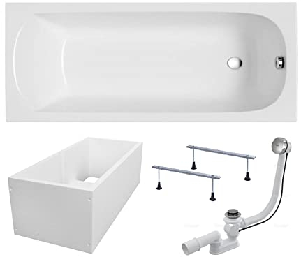 BADLAND Badewanne Original Weiß Acryl Wanne Rechteck CLASSIC SLIM 180x80 KOMPLETTSET SET mit Premium Wannenträger + Füßen und Exklusive Chrom Automatik Ablaufgarnitur Made in EU 4in1