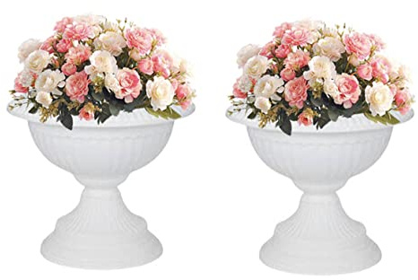 HOMION Round Classic Urn Grecian Plastic Planter Decorative Wedding Flower Pot Home Garden Porch Front Door Indoor & Outdoor 2x (White)