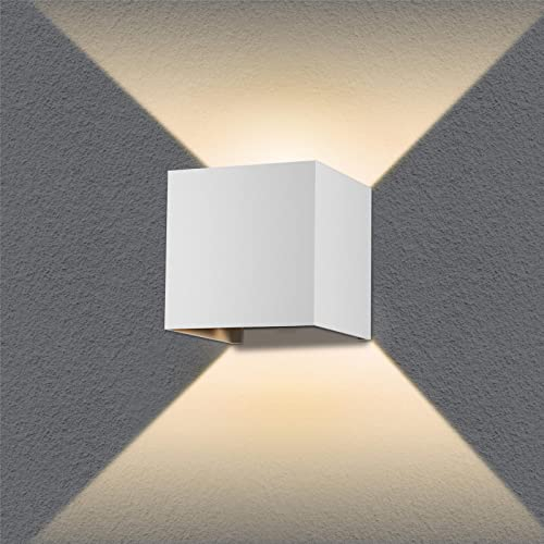 Metzler LED Wandleuchte in Verkehrsweiß RAL 9016 Up-Down-Light IP 65 warmweiß, Wandlampe weiß 9 W, 3000 K, Außenlampe eckig mit einstellbarem
