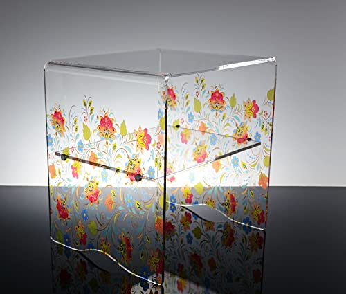Slato Moderner Couchtisch für Wohnzimmer oder Schlafzimmer aus transparentem Acrylglas mit Patty-Aufdruck