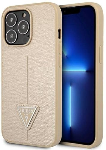 GUESS GUHCP14XPSATLE Hard Case for iPhone 14 Pro Max 6.7 Inches Beige/Beige with Saffiano Triangle Logo