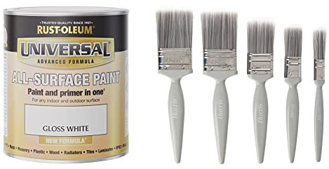 Rust-Oleum Universal Gloss White 750ml AMZ0115 and Harris Essentials Walls & Ceilings Paint Brush Set | Pack of 5 | 0.5, 1, 1.5, 2