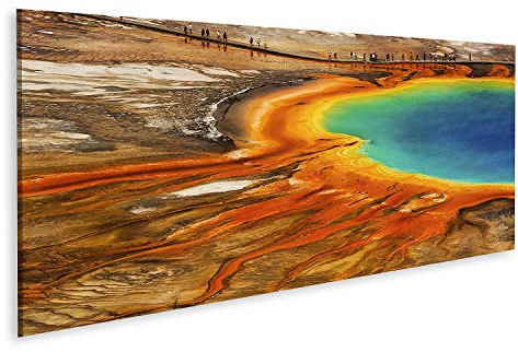 islandburner Bild auf Leinwand Grand Prismatic Besucher des Yellowstone National Park erhalten die Möglichkeit entlang der hölzerne Wandbild Leinwandbild Bilder für Wohnzimmer GCNE-Pano