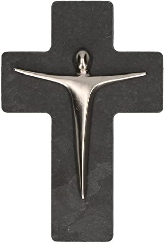 Butzon & Bercker Schieferkreuz mit Korpus Christi in Silber, Kruzifix, Wandbild, Wohnzimmer