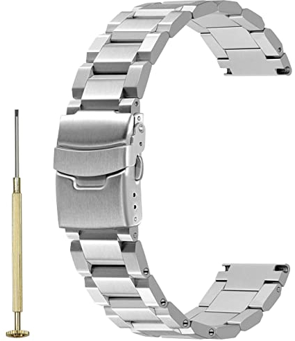 Juntan 20mm 22mm Screw-in Stainless Steel Watch Band Brushed Matte Metal Engineer Watch Strap for Men Women Silver Replacement Bracelet with Double Buckle