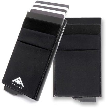 Stealth Wallet - Portacarte Minimalista - Portafogli Pop Up con Blocco RFID e Confezione Regalo - Porta Carte di Credito e Protezione Senza Contatto (Alluminio Nero con Tasche Elastiche per Soldi)