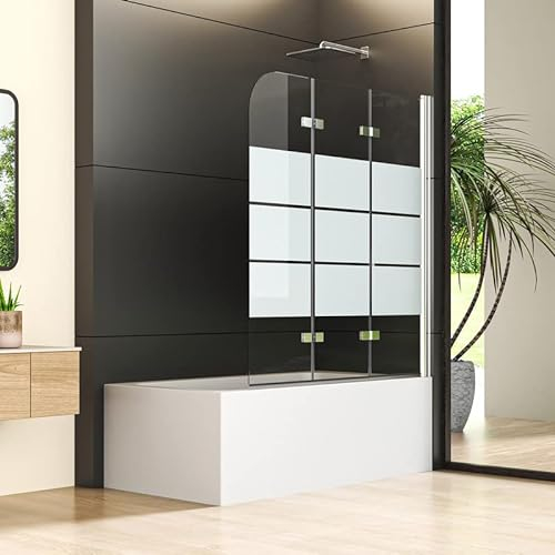 Duschwand für Badewanne 3-teilig 130x140cm Gestreift Glas Duschabtrennung, Faltbar Badewannenaufsatz 6mm EGS Sicherheitsglas Duschtrennwand
