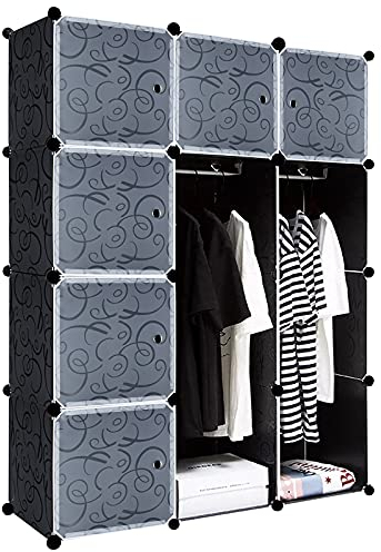 JOIEYOU Kleiderschrank, Wardrobe aus Kunststoff, DIY Garderobenschrank 12 Würfel, Regalsystem Schlafzimmerschrank – Schwarz, 105 x 35 x 140 cm
