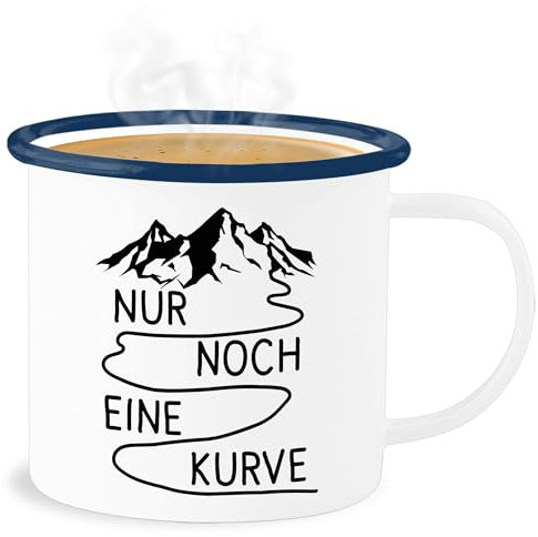 Emaille Becher Blechbecher - Wandern - Tassen - Nur noch eine Kurve - 300 ml - Weiß Blau - wanderfreunde berg tasse geschenk für wanderer berge blechtasse bergen emaille-tasse wander blech kurven