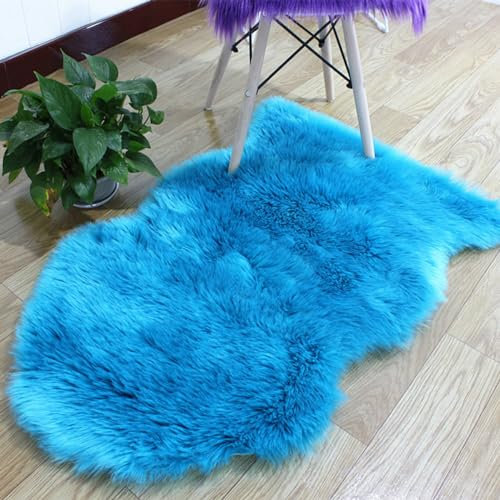 CHUYIX Plüsch Flauschige Teppiche Künstlicher Plüschteppich Kunstwolle Weiche Teppich Rutschfester Kunstfell Matte Rund Lammfell Fellteppich für Schlafzimmer Wohnzimmer Blau 45 * 65cm