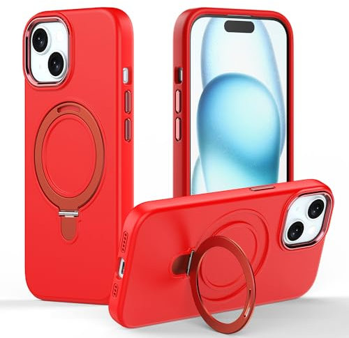TECHGEAR iPhone 15 Stand Case, Premium Liquid Silicone Shockproof Anti-Scratch Magnetic Kickstand Case, Soft Microfibre Lining, Compatible with MagSafe Case for iPhone 15 6.1 - Red