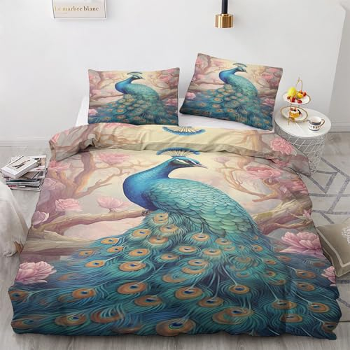 GEDAEUBA Pfau Bettwäsche 135x200 Winter - Pfauenfeder Bettbezug 135 x 200 2er Set, Wendebettwäsche und Kissenbezug 80x80, Weiche & Angenehme & Warme Mikrofaser Bettwäsche-Sets mit Reißverschluss