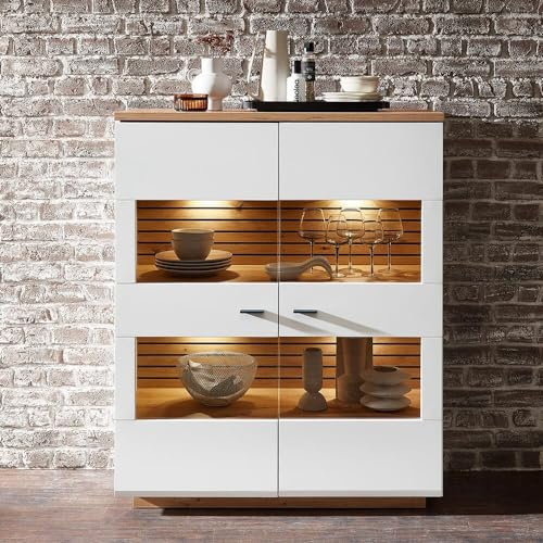 Lomadox Highboard mit Beleuchtung 110cm breit, weiß mit Eiche