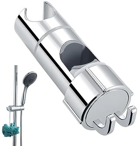 WUBAYI Shower Head Holder with 2 Hooks, Universal Shower Holder Bracket for 16-27mm, Chrome-Plated+ABS Shower Design Shower Head Holders Replacement Easy Installation for Slide Rod
