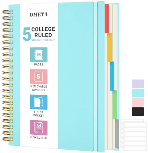 Notizbuch, Notizbuch A4 Liniert, Notizbücher Mit 5 Fächern Und Herausnehmbaren Trennblättern, 300 Blatt 100GSM Spiral Notizbuch Softcover Zum Schreiben, Für Arbeit Und Schulbedarf, 21.5 x 27.9cm, Blau