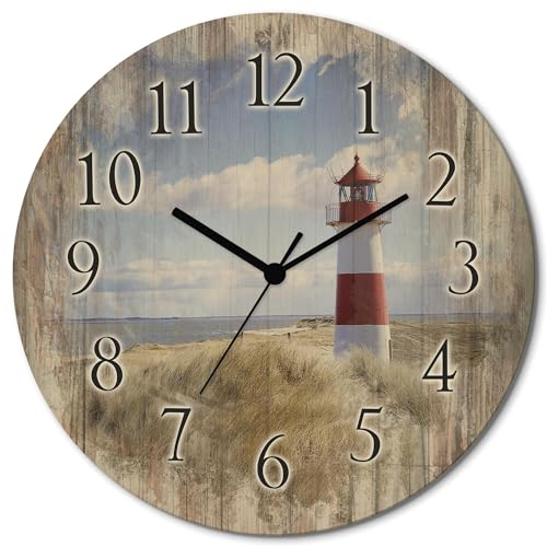 ARTLAND Wanddeko Wanduhr ohne Tickgeräusche aus Holz Funkuhr lautlos rund Ø 30 cm Leuchtturm Sylt T9ML Architektur Gebäude