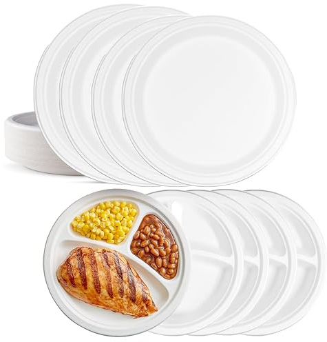 A406 10 Disposable Plates Biodegradable Bagasse Plates, 3 Compartment Plates Eco Friendly Compostable Party Paper Plates 9 (100, 3 Compartment 10 Plates)